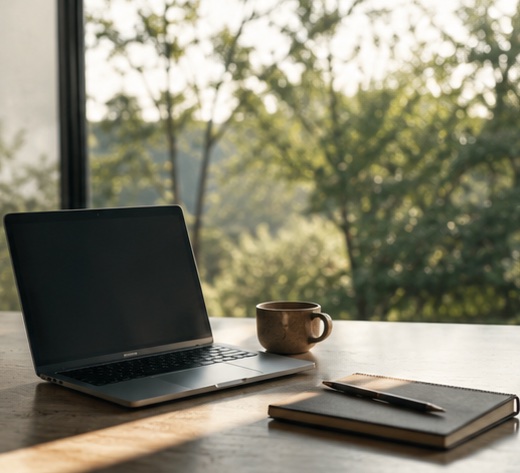 Laptop und Tasse an einem Fenster mit Blick ins Grüne
