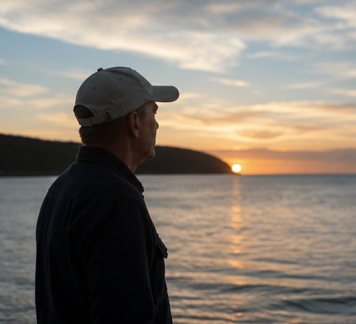 Mann mit Cap blickt allein auf das Meer bei Sonnenuntergang
