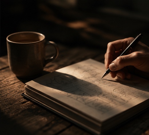 Hand schreibt in ein Notizbuch, daneben eine Tasse